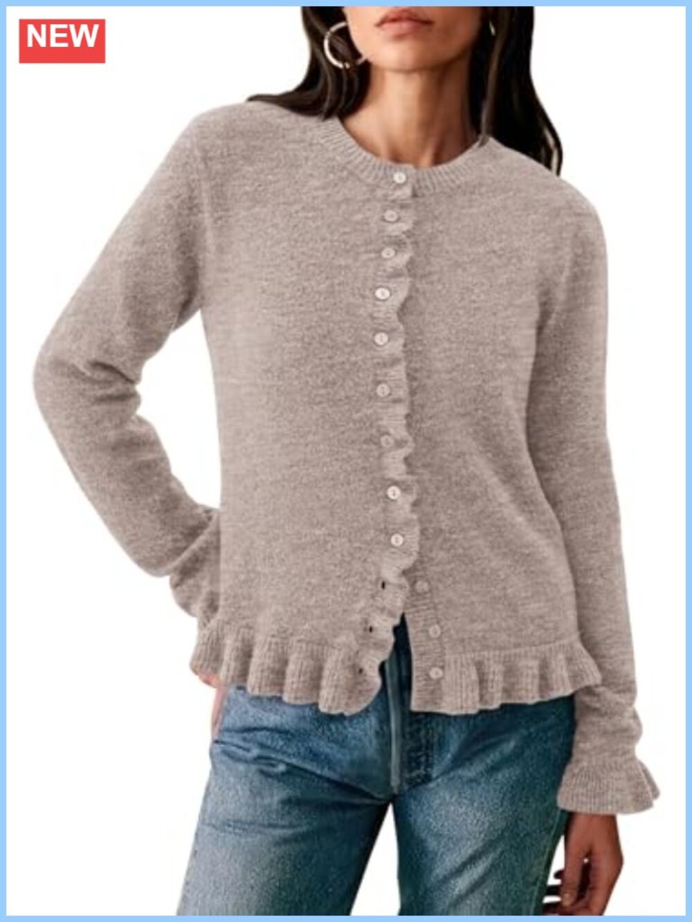 Womens Cropped Button Down Cardigan Chunky Knit Ruffle Sweater